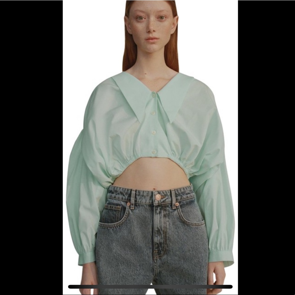 Zara GATHERED BUTTON UP V-NECK CROPPED SHIRT W/ SHOULDER PADS